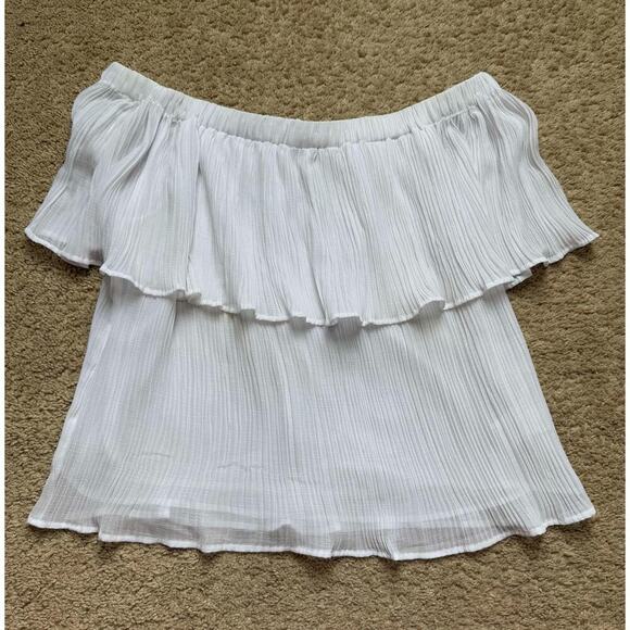 Express Pleated Sheer Off The Shoulder Peplum Top Pearl White Womens Medium - Picture 2 of 8